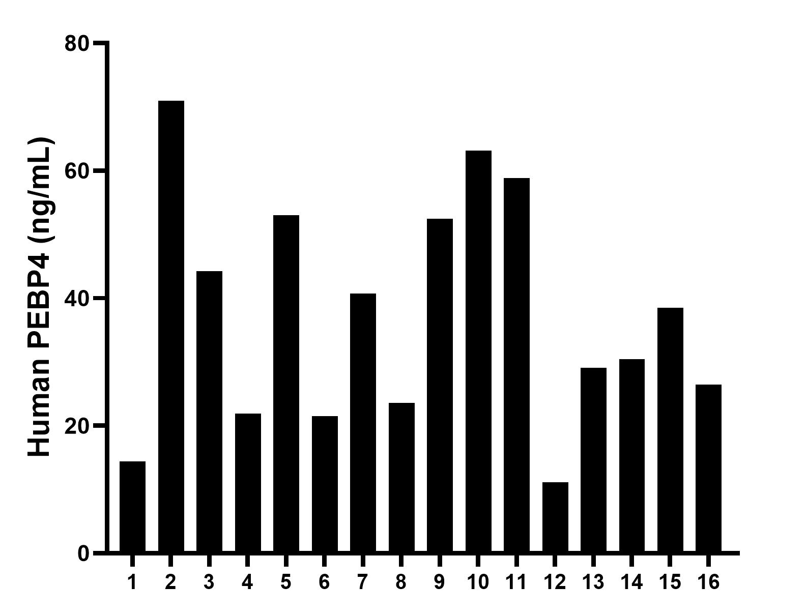 Serum of sixteen individual healthy human donors was measured. The PEBP4 concentration of detected samples was determined to be 37.5 ng/mL with a range of 11.15-70.94 ng/mL.